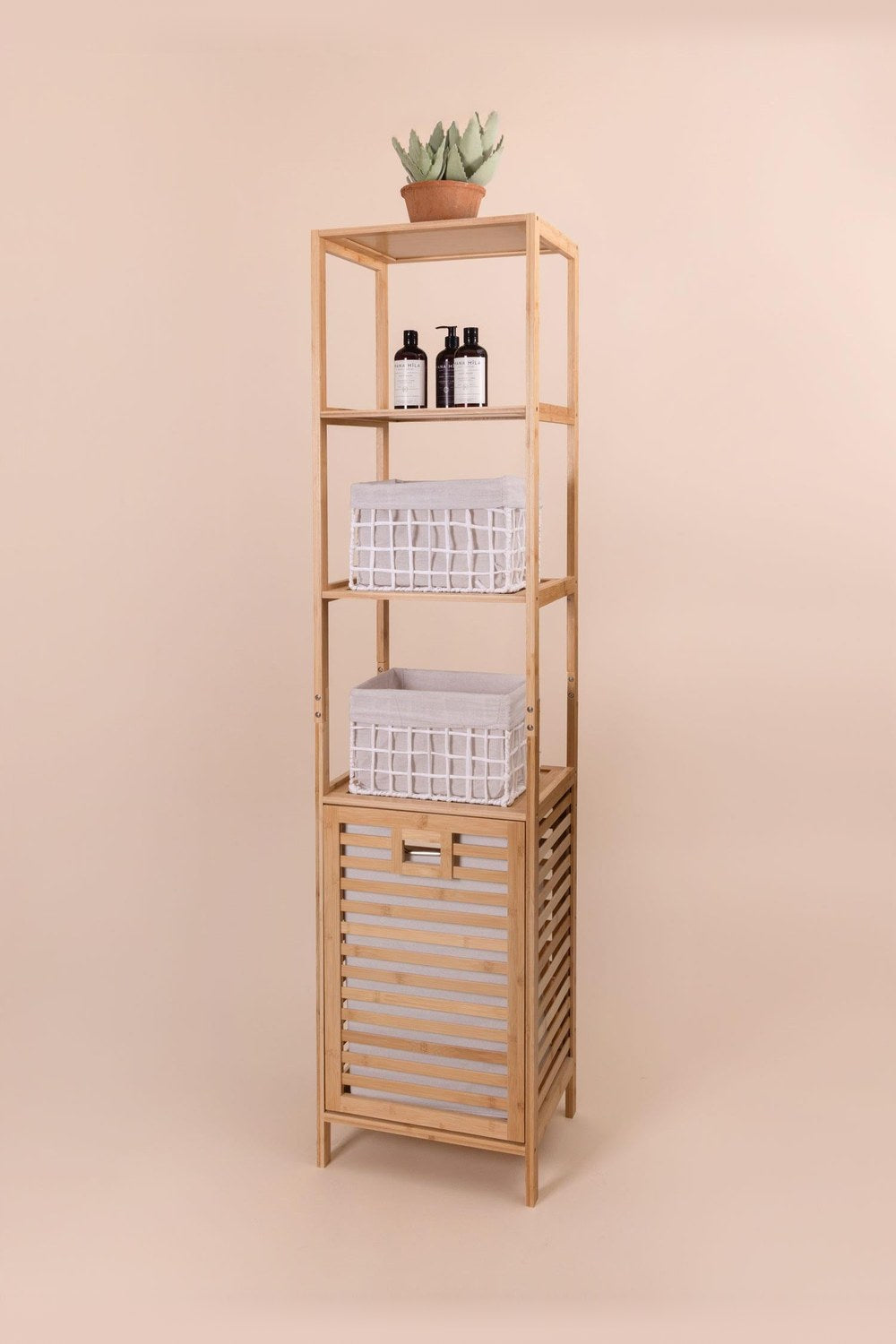 Bambu 4 Raflı Banyo Düzenleyici Dolap Ve Çamaşır Sepeti, 160 × 40 × 33 Cm - 0