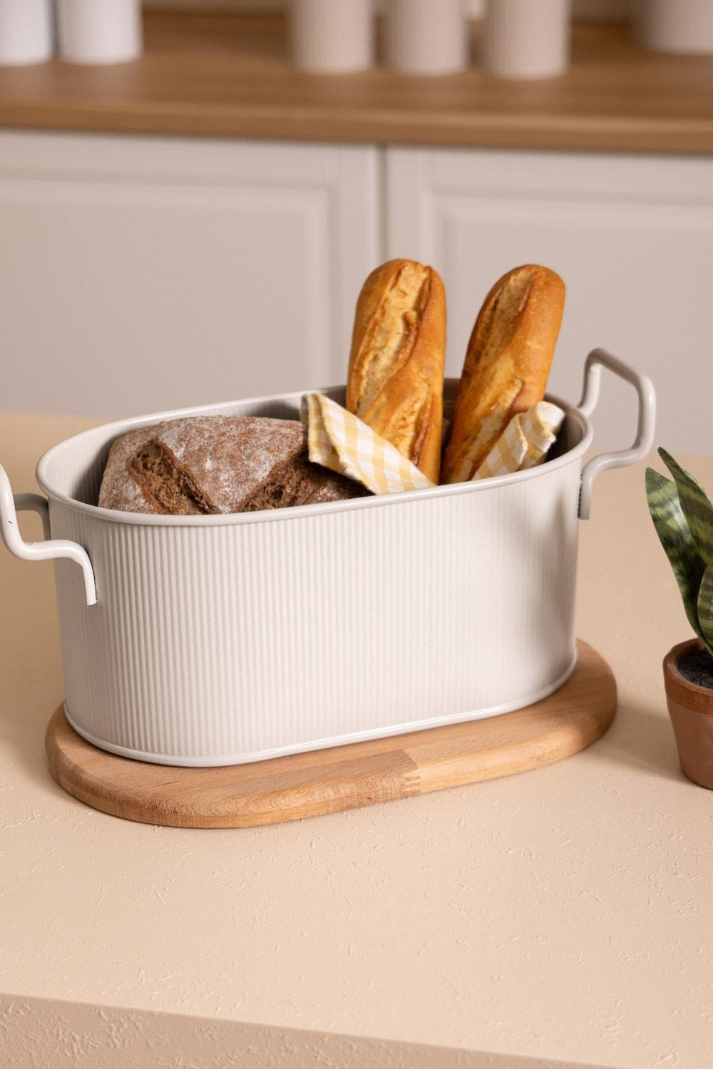 Stripe Ahşap Kapaklı Ekmek Saklama Kutusu Bej 40x22x18 Cm - 1