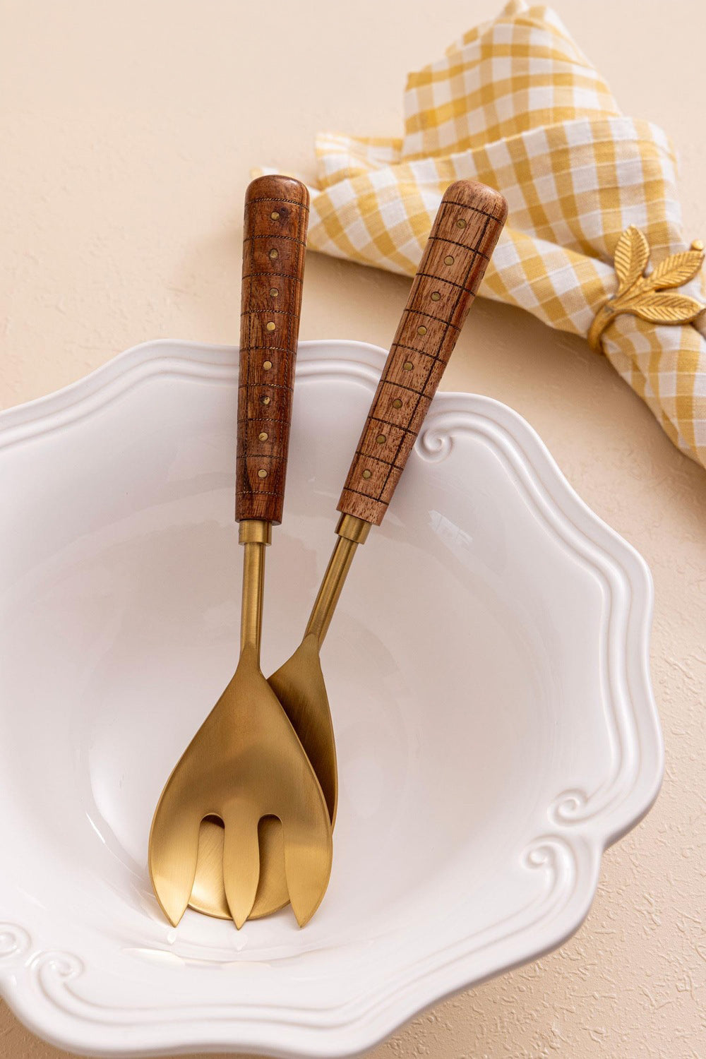 Wood Salata Servis Takımı, Mat Gold - Doğal Ahşap, 2 Parça - 2