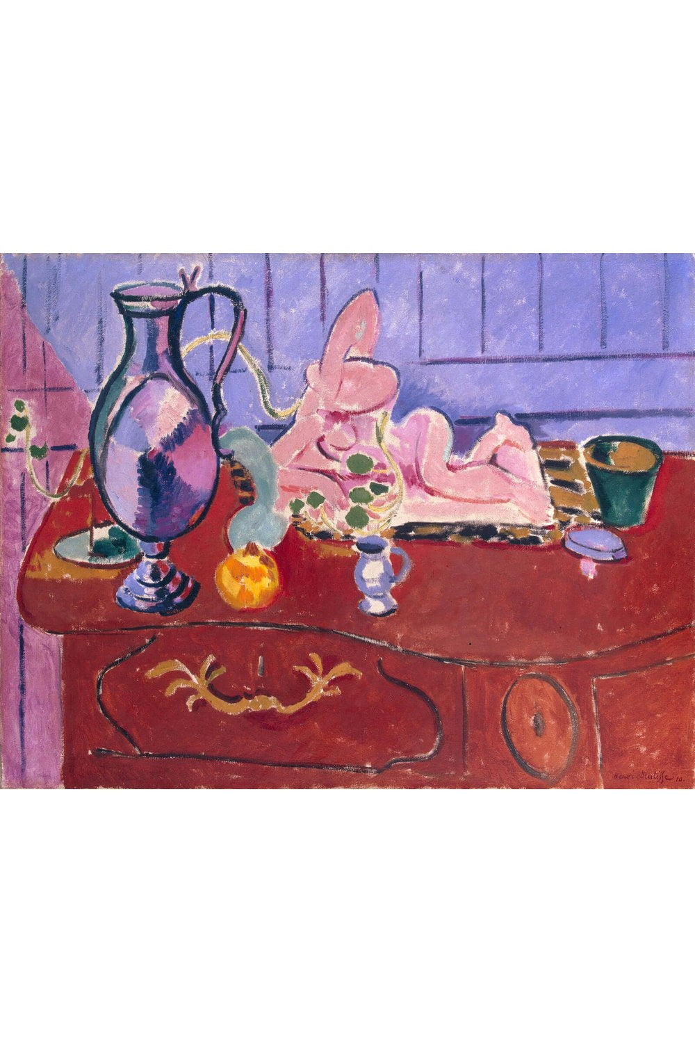 Henri Matisse - Pembe Heykel Ve Kırmızı Şifonyer Üzerinde Sürahi - 1