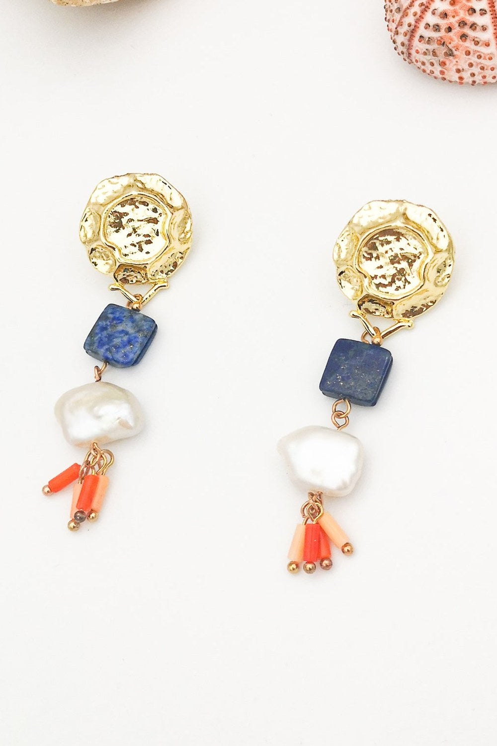 Antik İnci Lapis Lazuli Mercan Küpe - 0