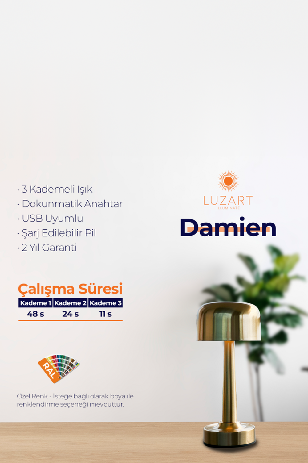 Damien Masa Lambası (Manyetik Şarj Kasetli) - 8
