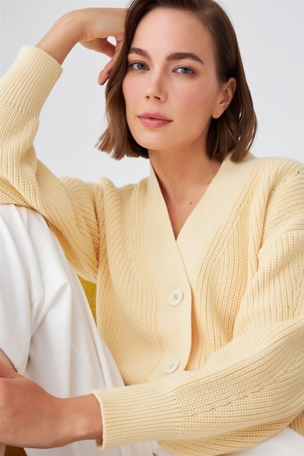 Olivia Cardigan Selanik Örgü %100 Pamuk V Yaka Kadın Triko Hırka - Sarı - 1