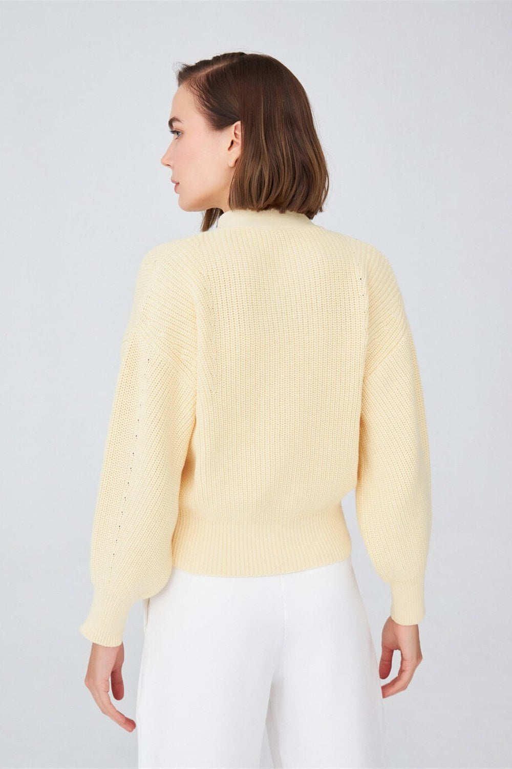 Olivia Cardigan Selanik Örgü %100 Pamuk V Yaka Kadın Triko Hırka - Sarı - 5