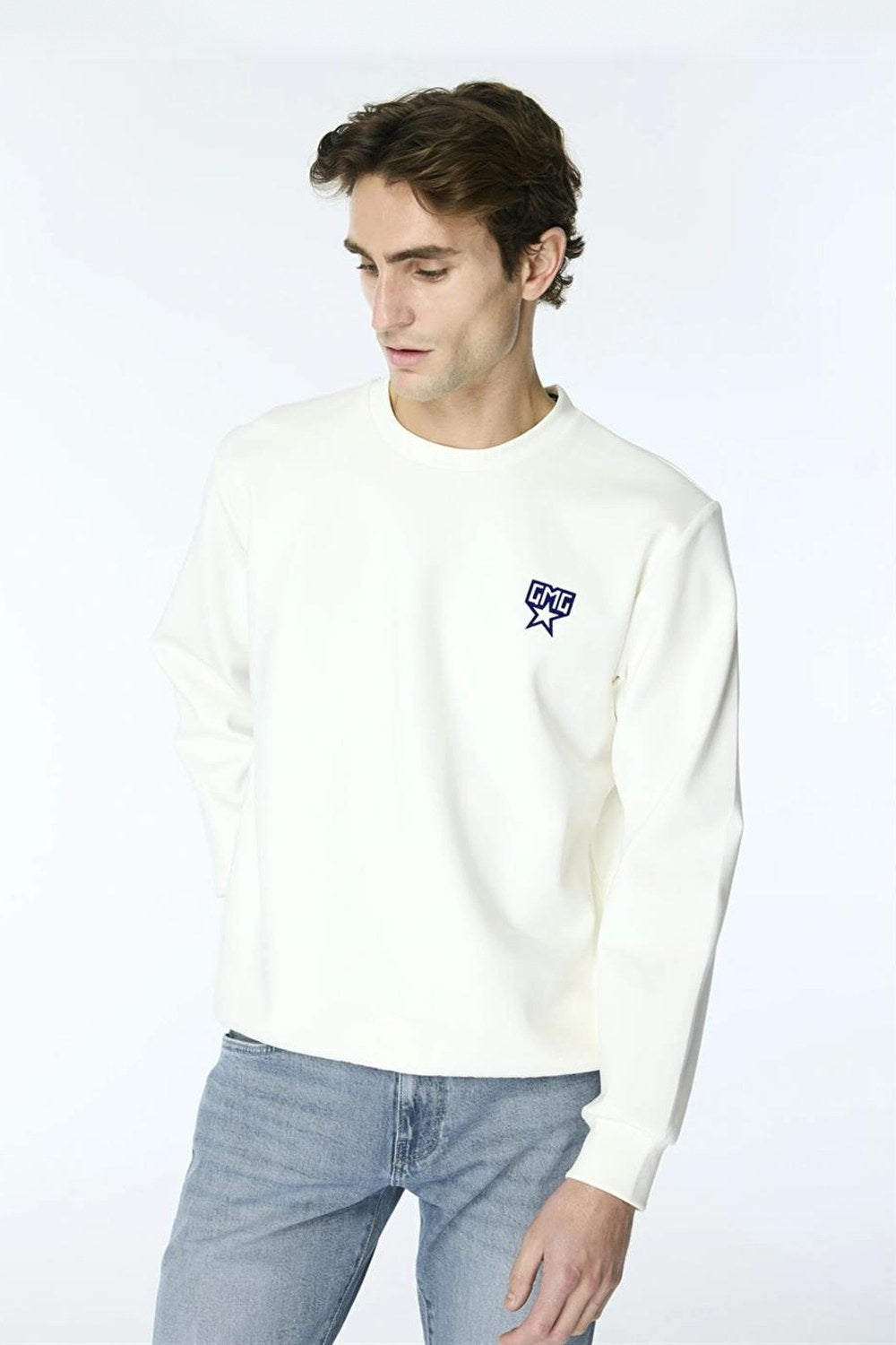 Bisiklet Yaka Sırtı Flok Göğsü Yıldız Baskılı Erkek Sweatshirt - 1