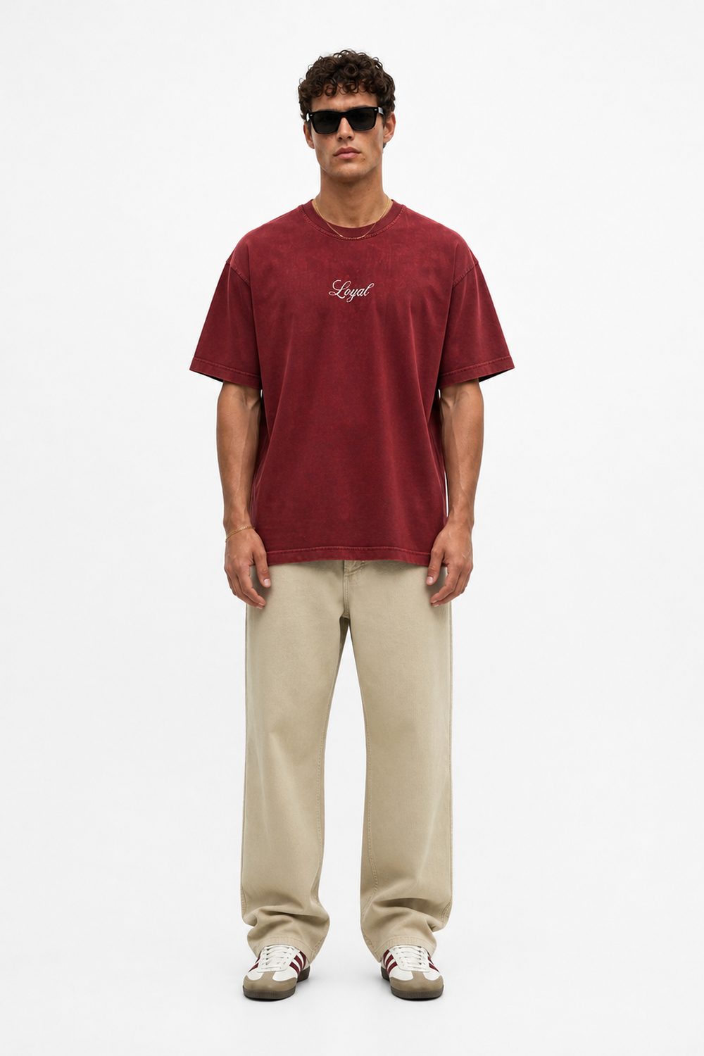 Erkek Nakış Detaylı Yıkamalı Oversize T-Shirt Bordo - 1