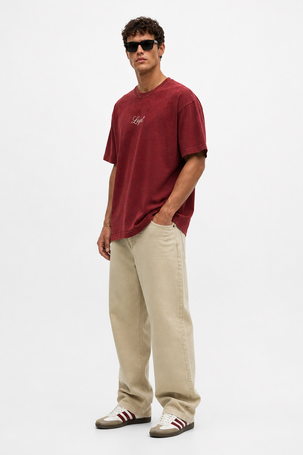 Erkek Nakış Detaylı Yıkamalı Oversize T-Shirt Bordo - 2