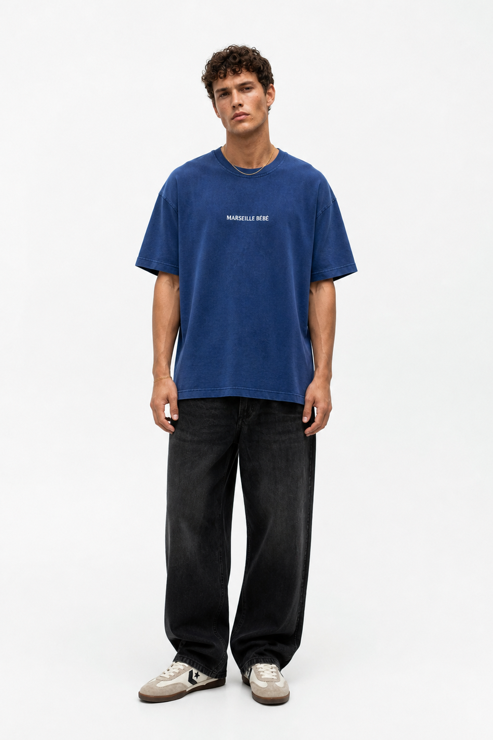 Erkek Marseille Baskılı Yıkamalı Oversize T-Shirt Lacivert - 1