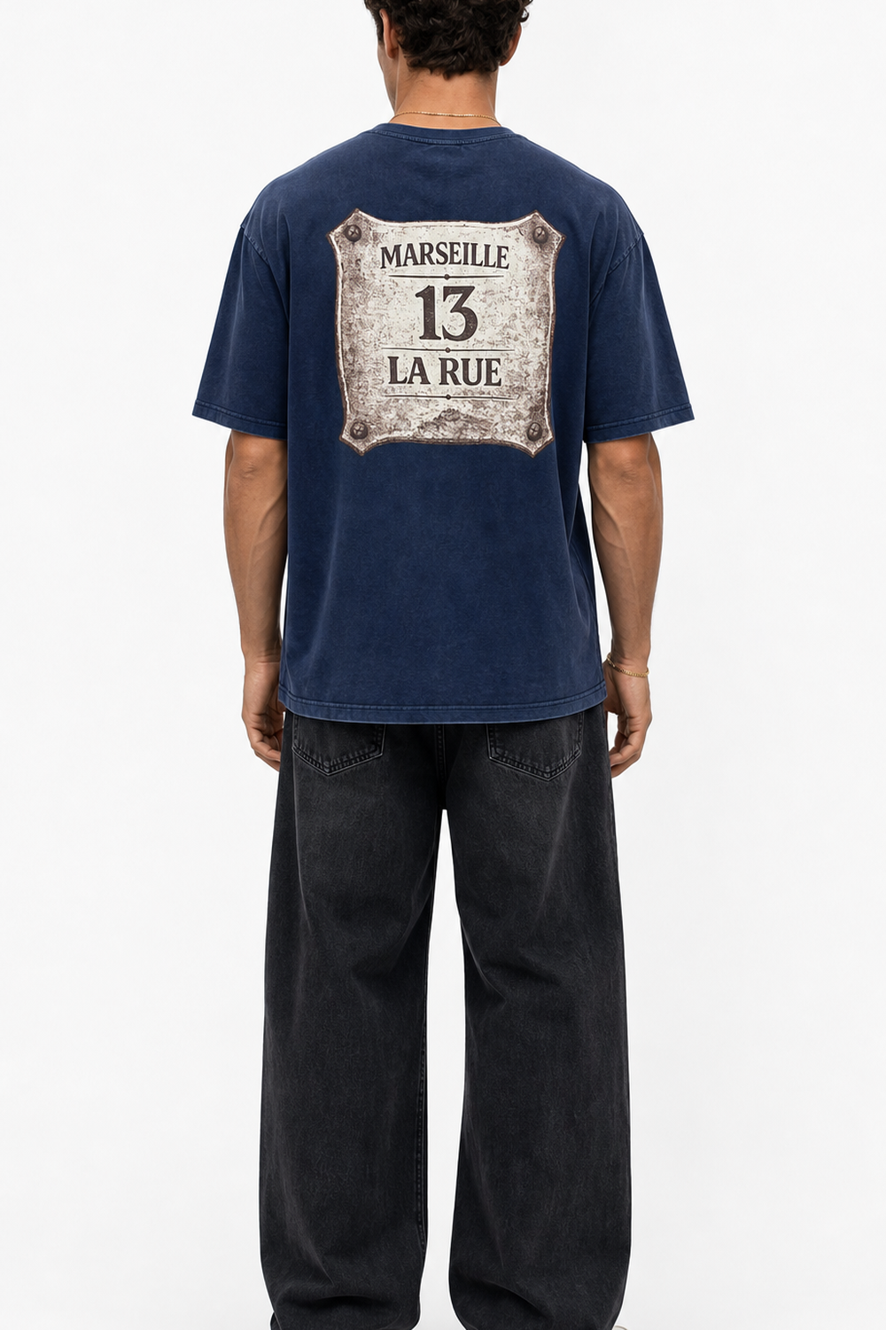 Erkek Marseille Baskılı Yıkamalı Oversize T-Shirt Lacivert - 3