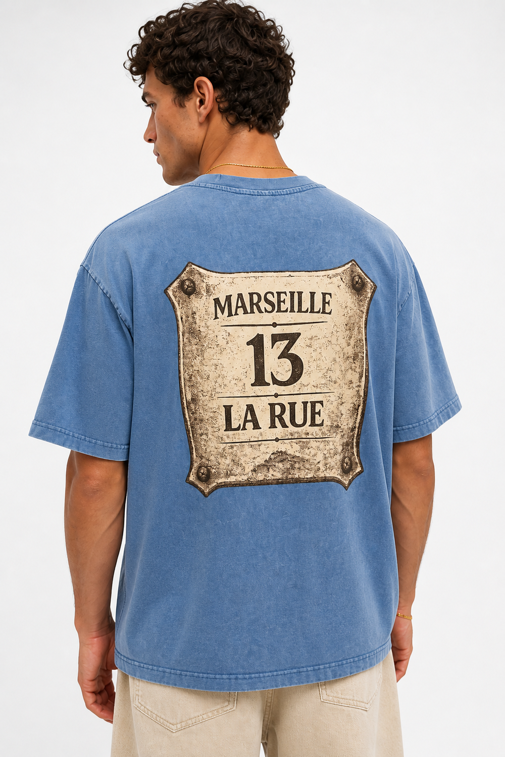 Erkek Marseille Baskılı Yıkamalı Oversize T-Shirt Bebe Mavi - 0