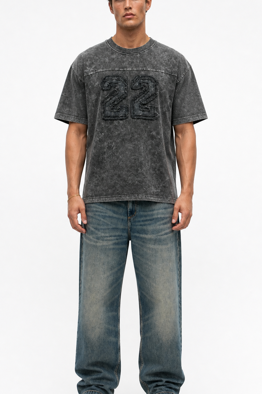 Erkek 22 Nakışlı Yıkamalı Oversize T-Shirt Siyah - 1