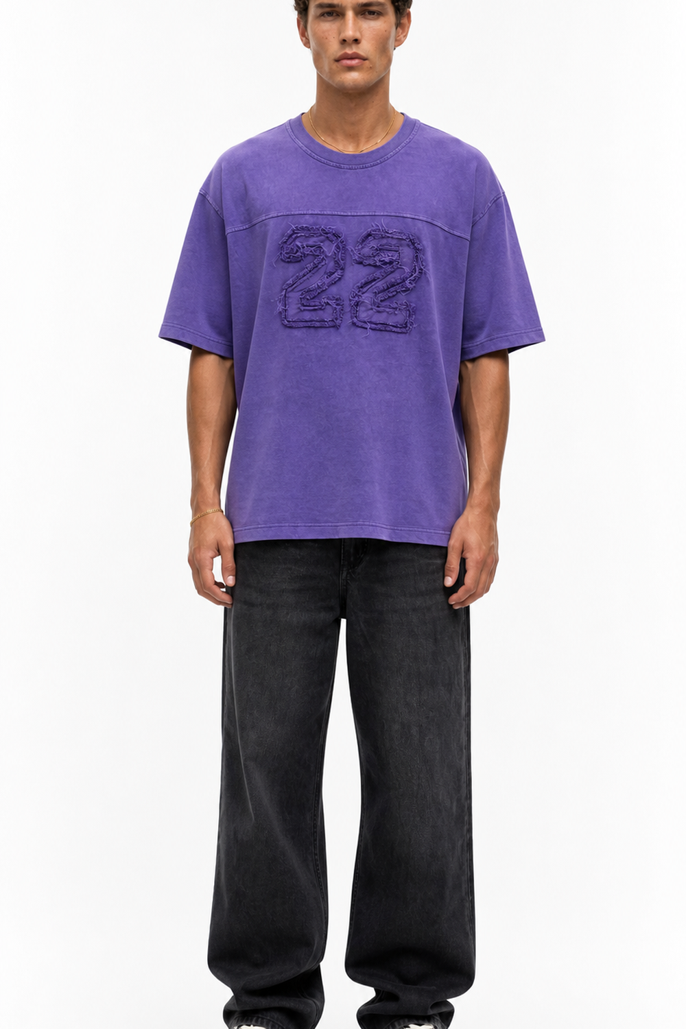 Erkek 22 Nakışlı Yıkamalı Oversize T-Shirt Mor - 1