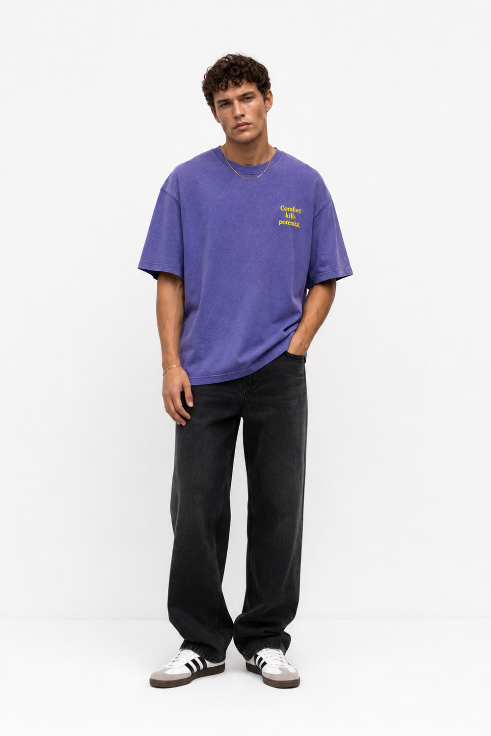 Erkek Puf Baskılı Yıkamalı Oversize T-Shirt Mor - 1