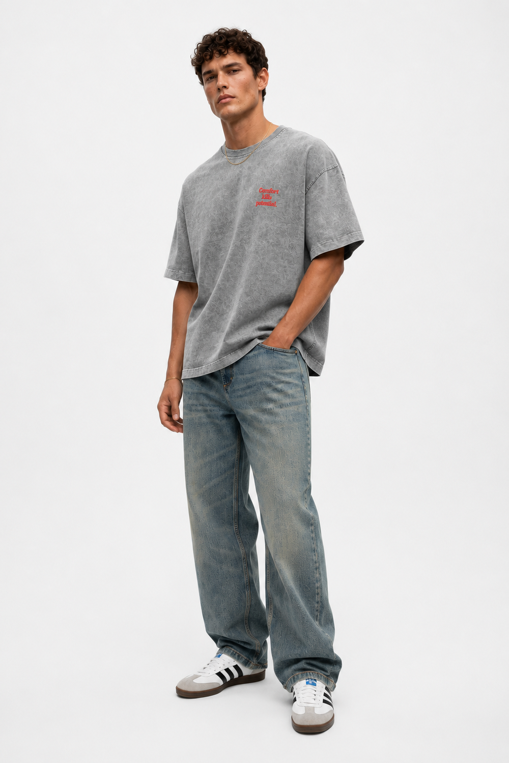 Erkek Puf Baskılı Yıkamalı Oversize T-Shirt Gri - 2