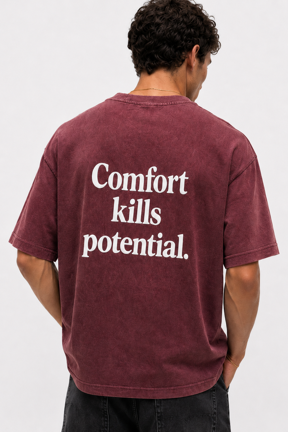 Erkek Puf Baskılı Yıkamalı Oversize T-Shirt Bordo - 3