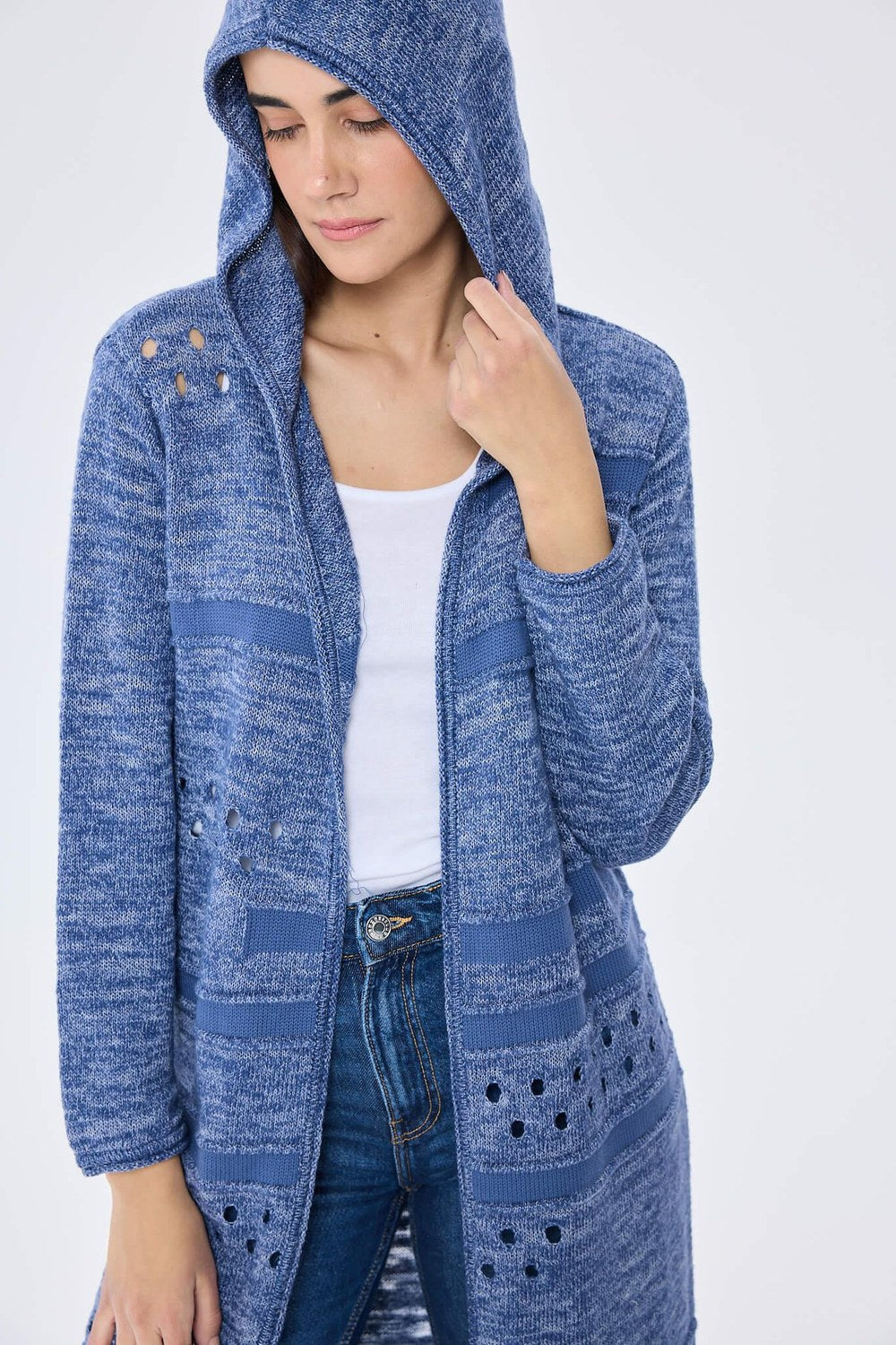 Skyler, Ajurlu, Kadın Kapüşonlu Yazlık Uzun Triko Hırka - Denim Mix - 2