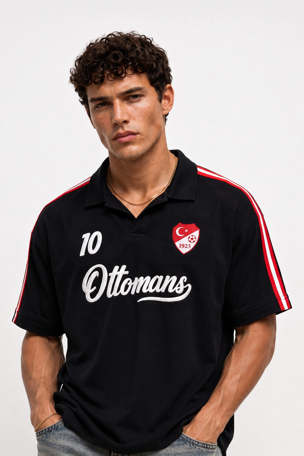 Erkek Şerit Detaylı Retro Forma T-Shirt - Siyah - 0