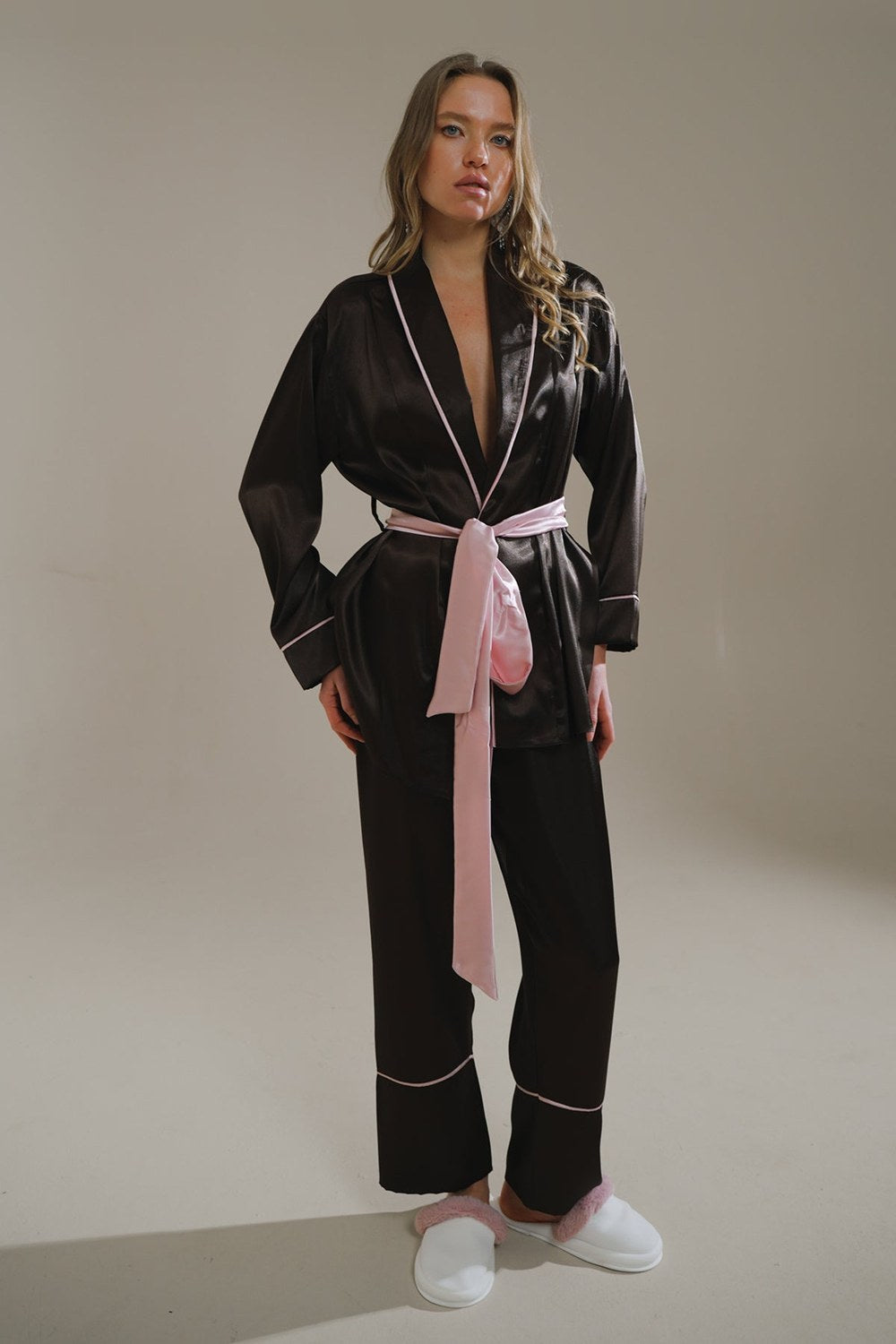 Aci Kahve-Pudra Miks Saten Şal Yaka Kimono-Pantolon Takim - 0