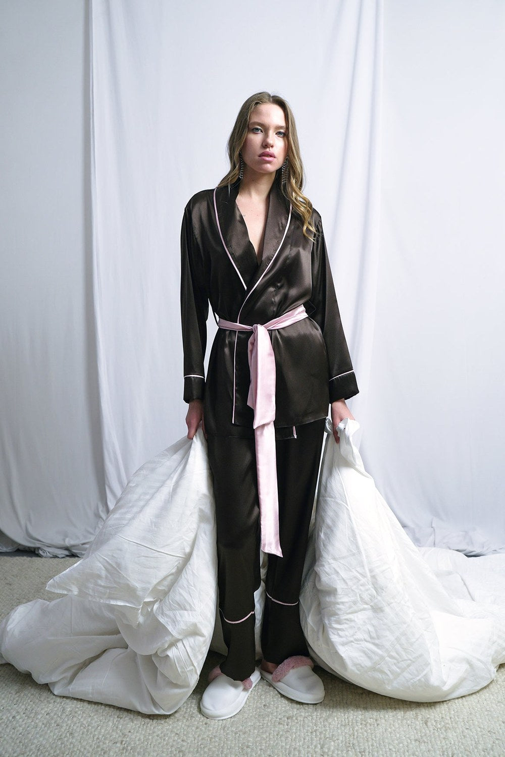 Aci Kahve-Pudra Miks Saten Şal Yaka Kimono-Pantolon Takim - 3