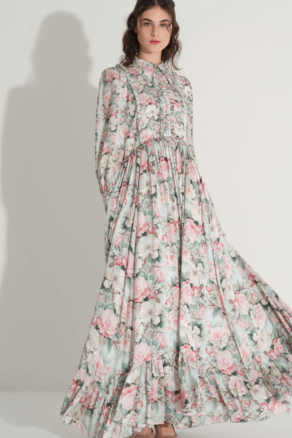 Çiçek Desen Saten Elbise - Mint - 2