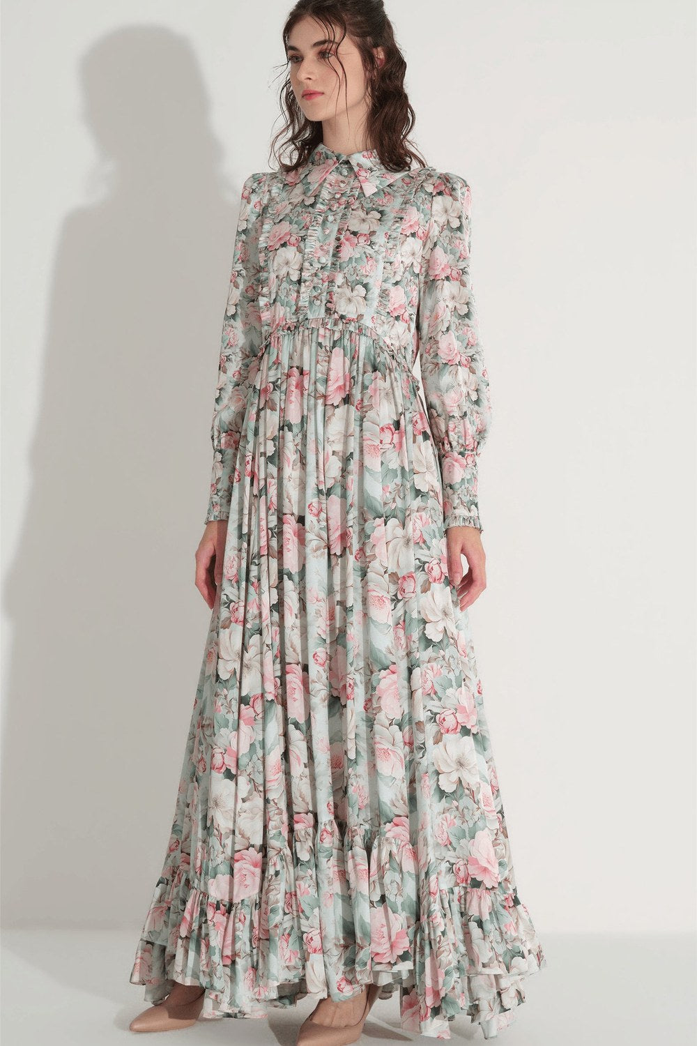 Çiçek Desen Saten Elbise - Mint - 3