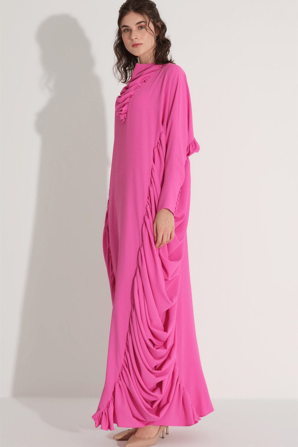 Yanları Büzgülü Kaftan Elbise - Fuşya - 2