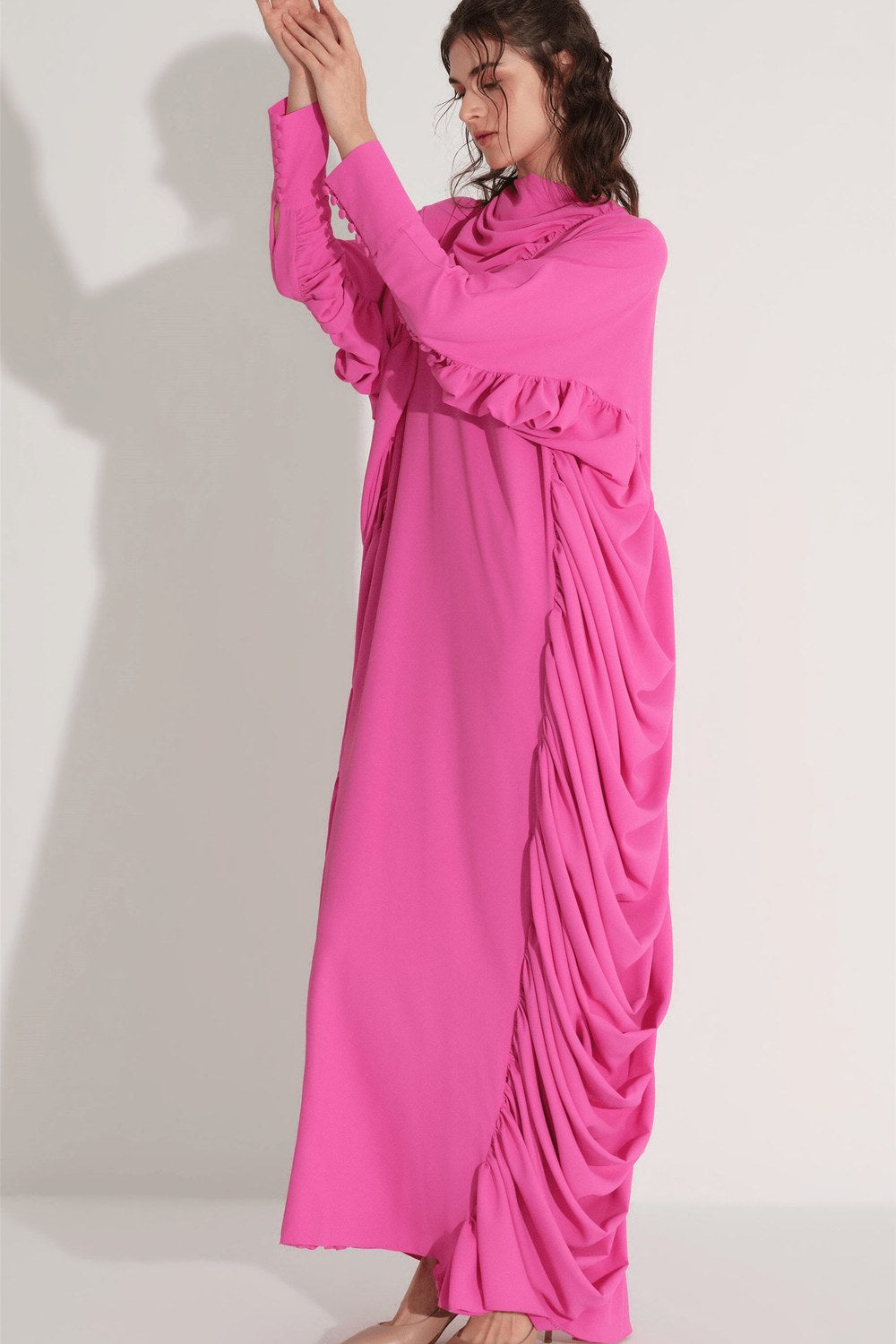 Yanları Büzgülü Kaftan Elbise - Fuşya - 4