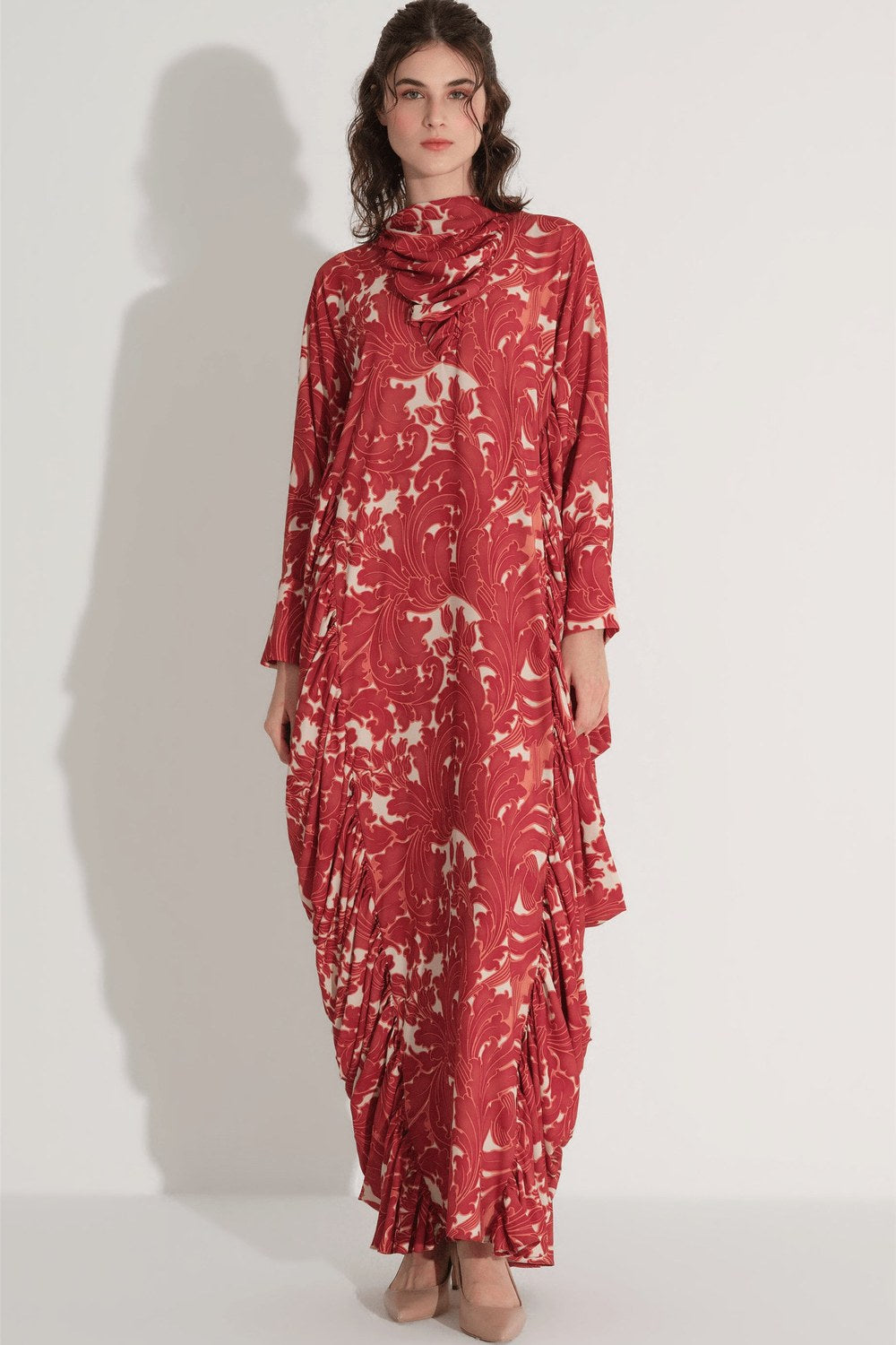 Yanları Büzgülü Kaftan Elbise - Tarçın - 0