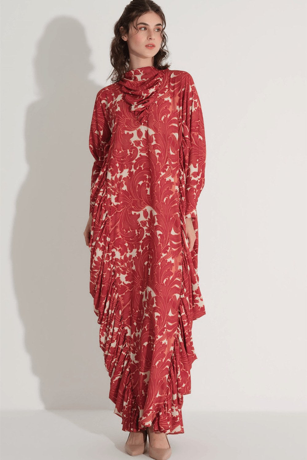 Yanları Büzgülü Kaftan Elbise - Tarçın - 4