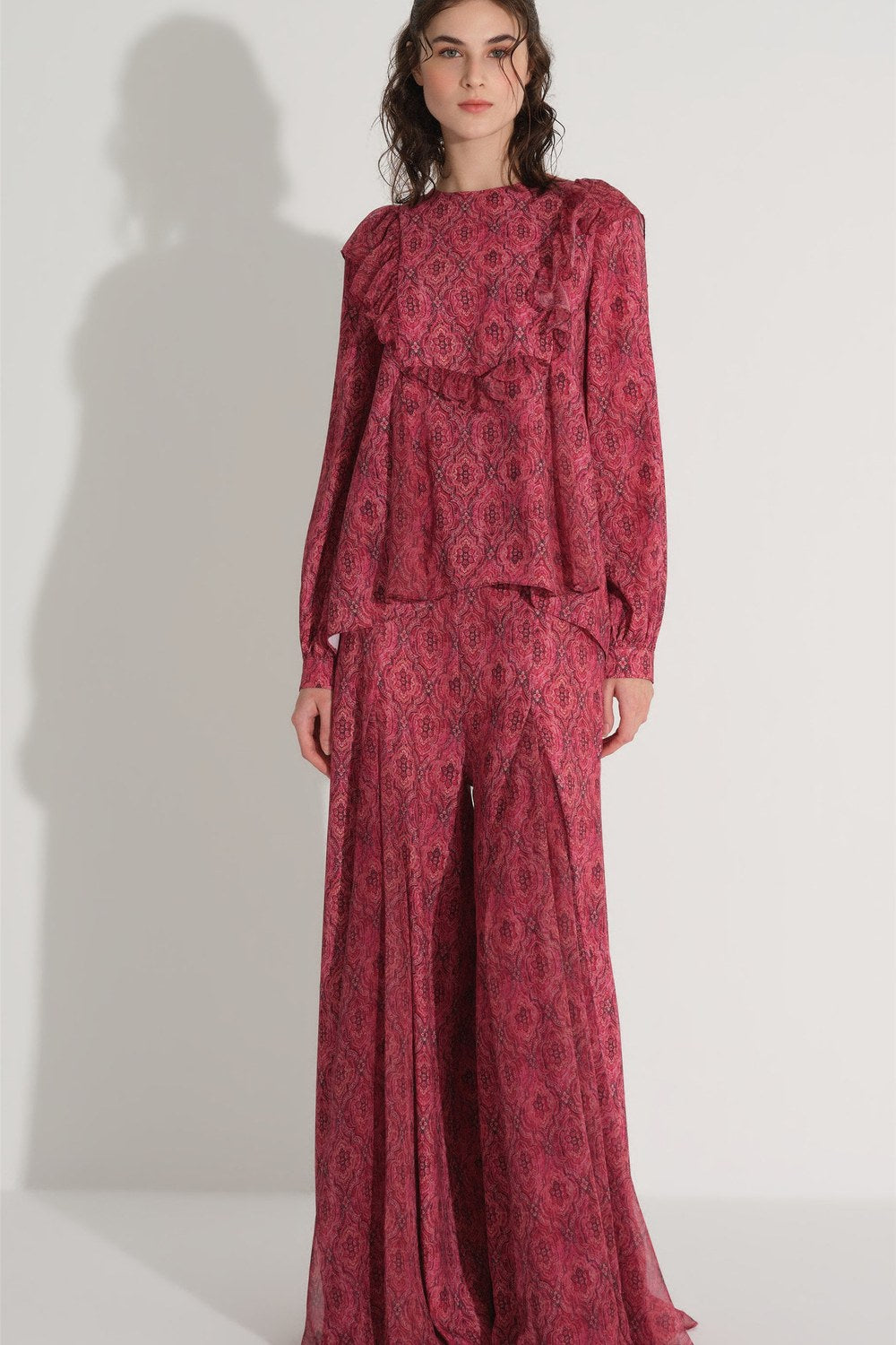 Etnik Desenli Bluz Ve Pantolon Takımı - Bordo - 0