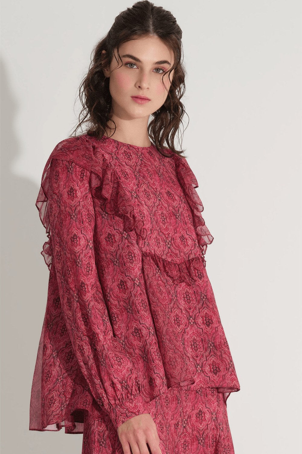 Etnik Desenli Bluz Ve Pantolon Takımı - Bordo - 1