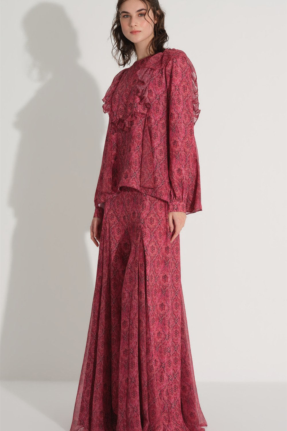 Etnik Desenli Bluz Ve Pantolon Takımı - Bordo - 2