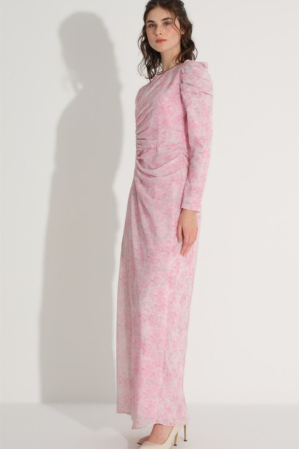 Yan Büzgü Detaylı Elbise - Pembe - 3