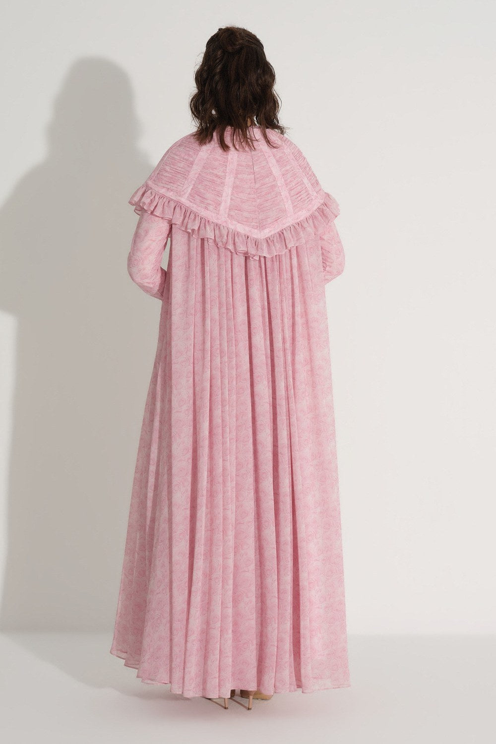 Üstü Takma Pelerinli Şifon Elbise - Pembe - 5
