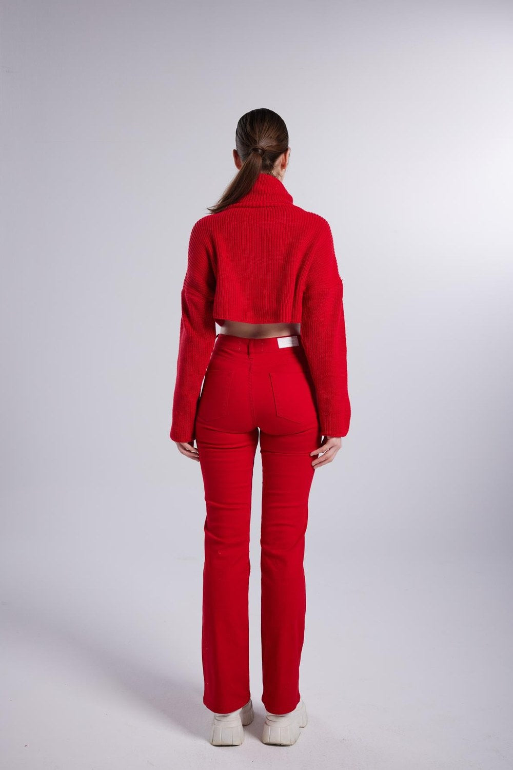 Yüksek Bel Slim Flare Likralı Alert Jean Pantolon, Kırmızı - 4