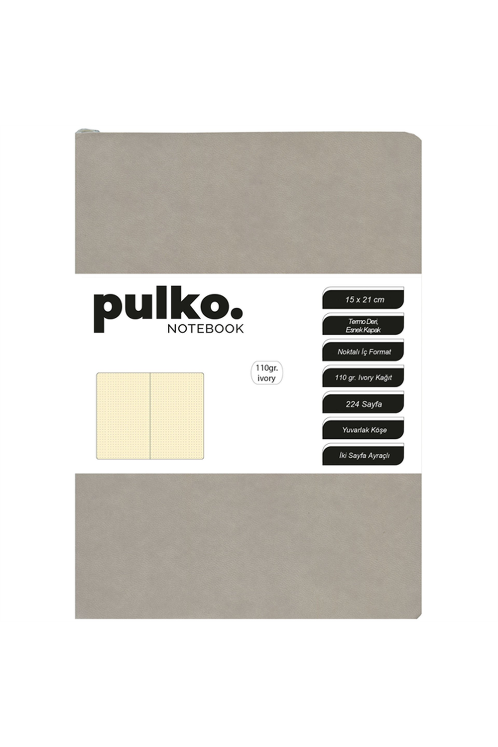 Notebook Not Defteri, A5, Termo Deri, 224 Sayfa, Noktalı, Boz Gri - 0