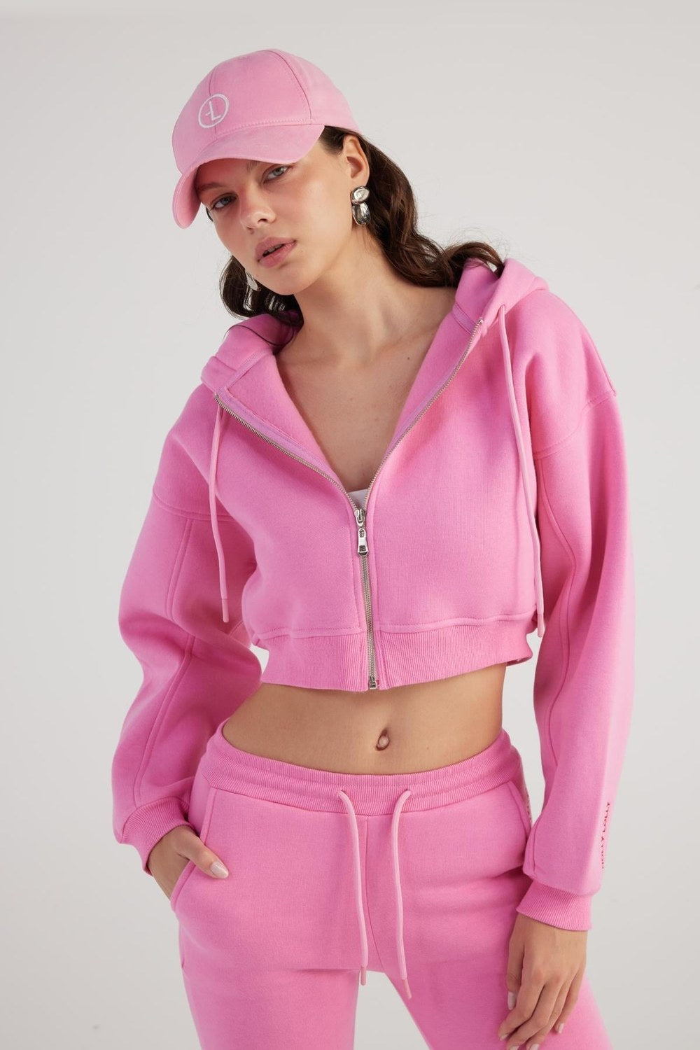Mixed Kapüşonlu Fermuarlı Crop Sweatshirt, Pembe - 1