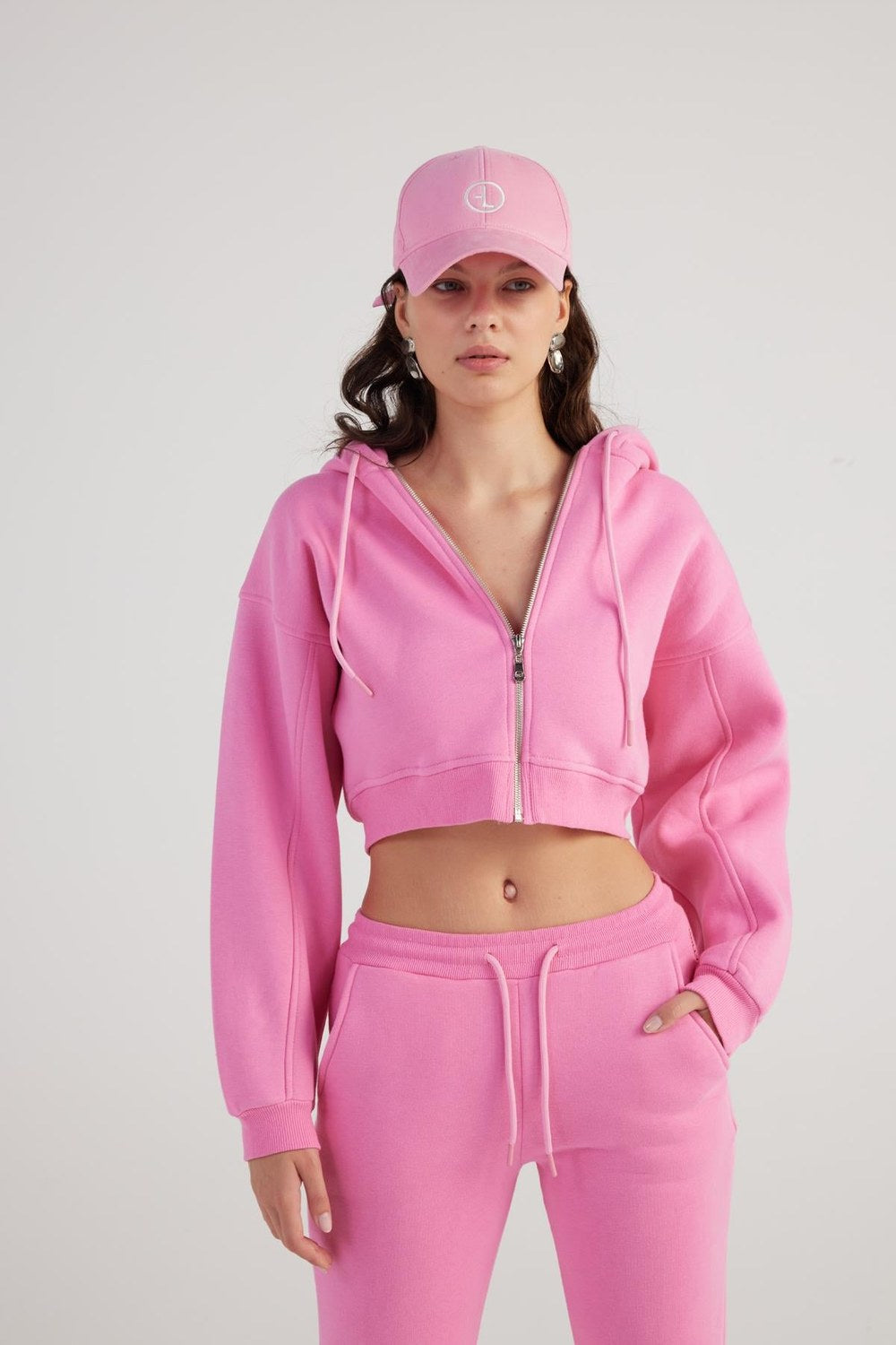 Mixed Kapüşonlu Fermuarlı Crop Sweatshirt, Pembe - 2