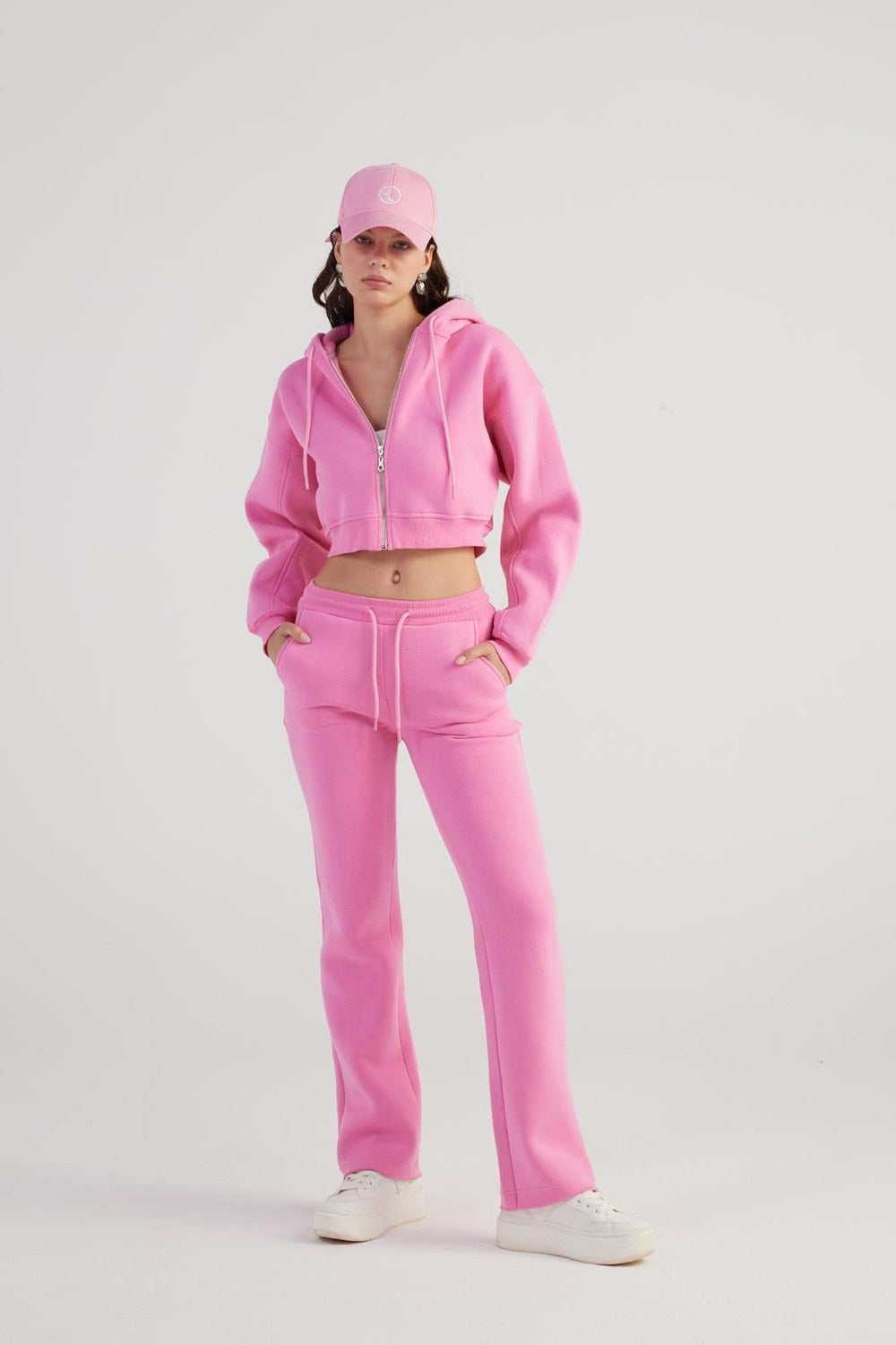 Mixed Kapüşonlu Fermuarlı Crop Sweatshirt, Pembe - 3