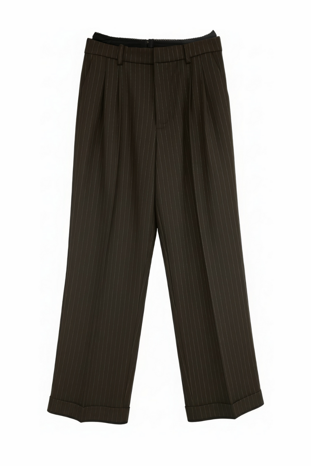 Lucille Çizgili Wide Leg Kumaş Pantolon, Kahverengi - 0