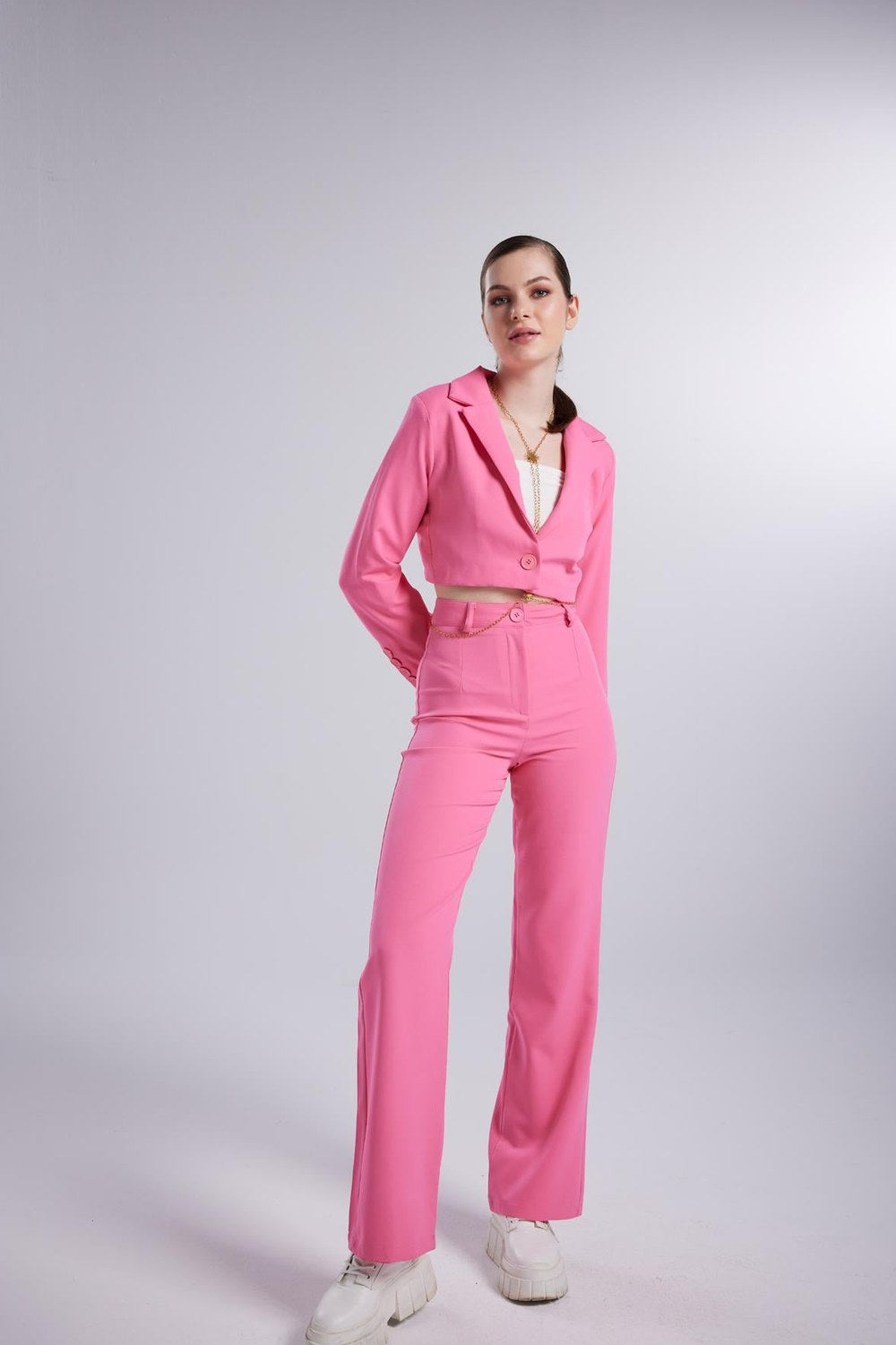 Yüksek Bel Düğme Kapamalı Panky Kumaş Pantolon,Pembe - 0