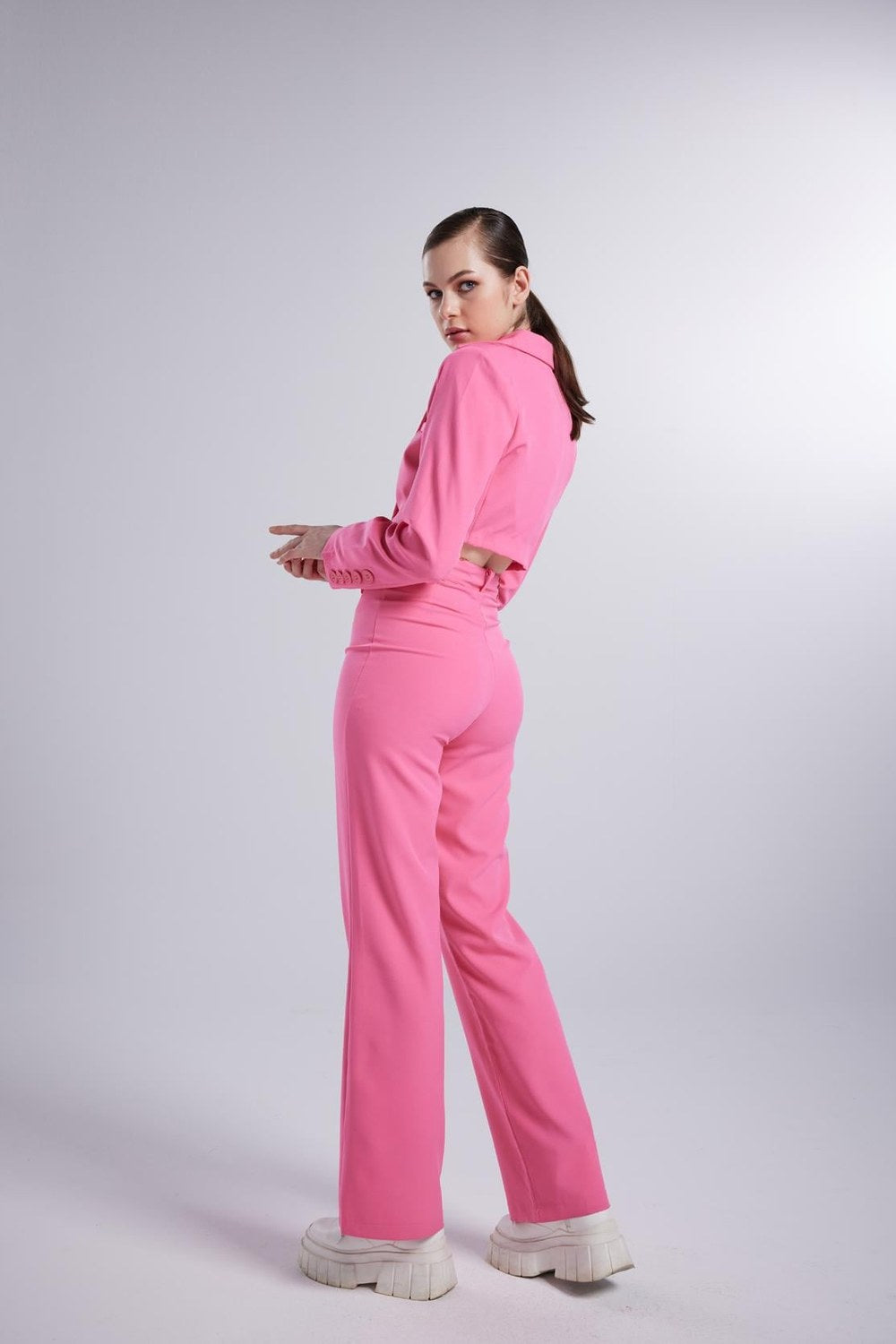Yüksek Bel Düğme Kapamalı Panky Kumaş Pantolon,Pembe - 2