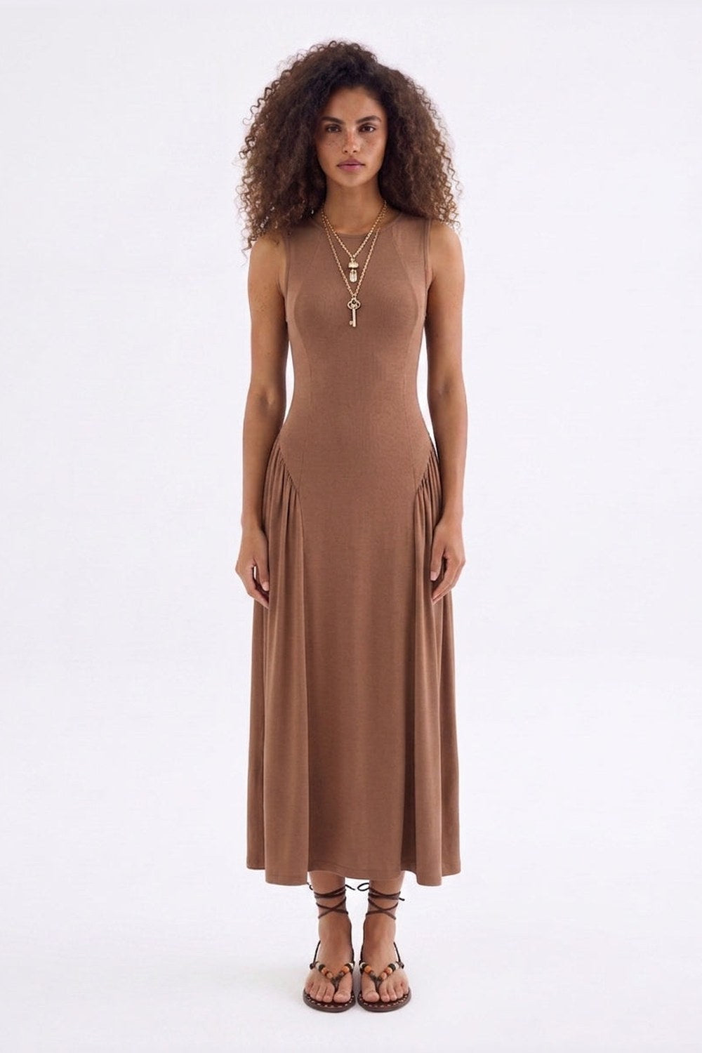 Elaris Bodycon Viskon Midi Elbise, Bej - 0
