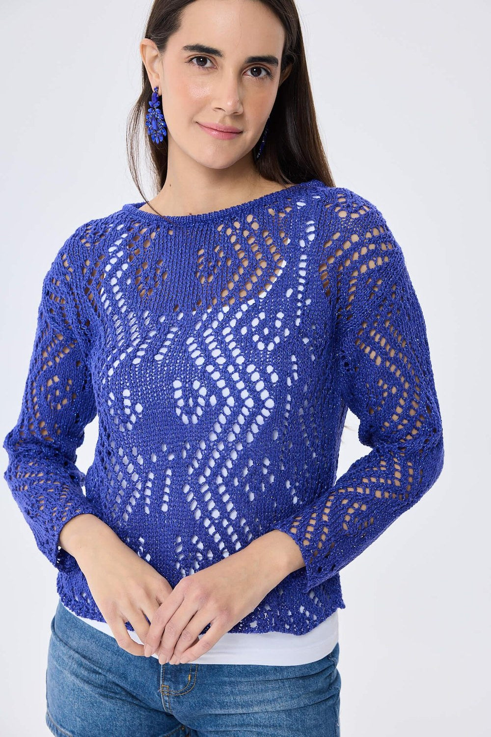 Amy Top Ajur Örgü Kadın Simli Bluz Saks Mavi Simli - 2