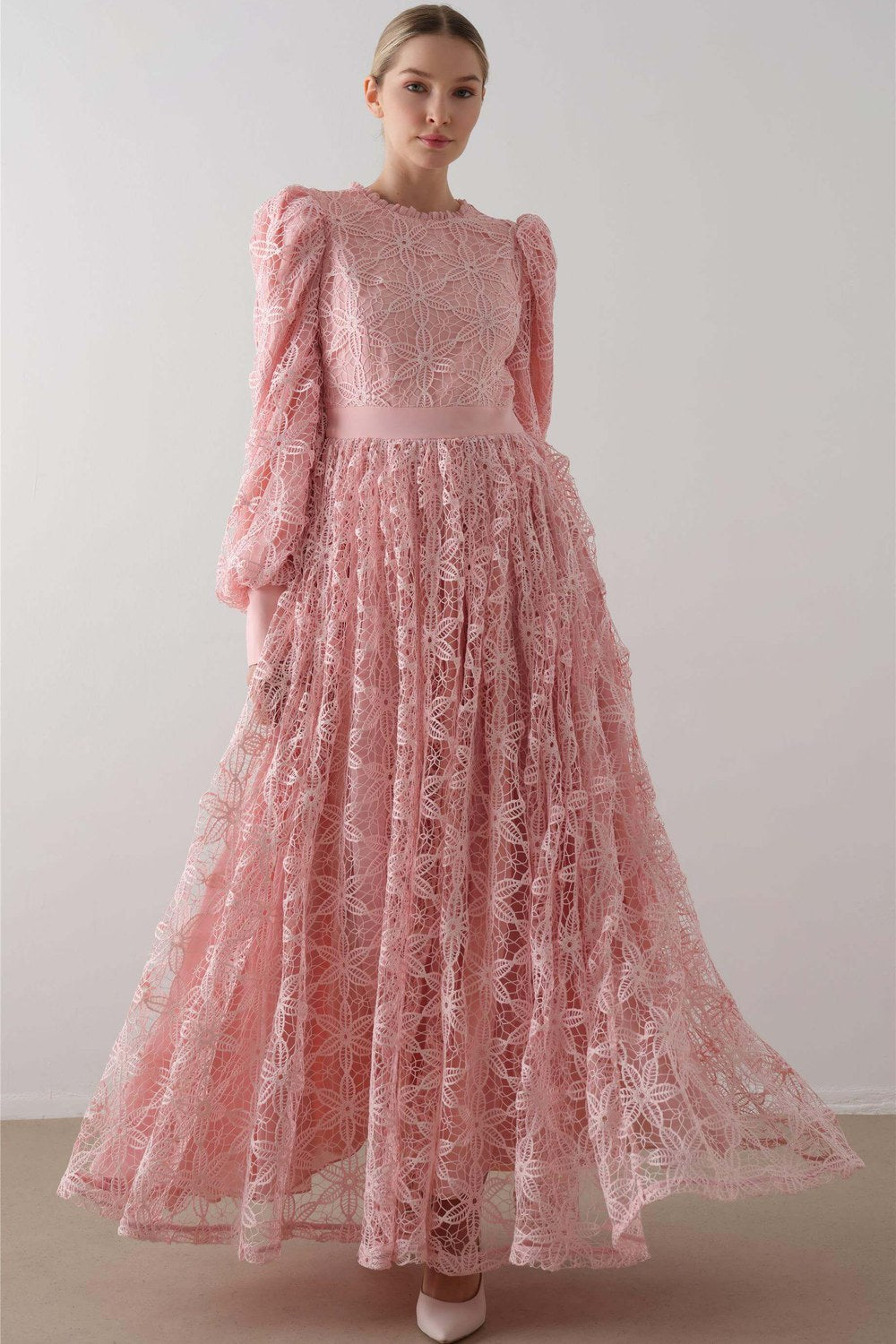 Dantelli Eteği Kabarık Elbise – Pembe - 0