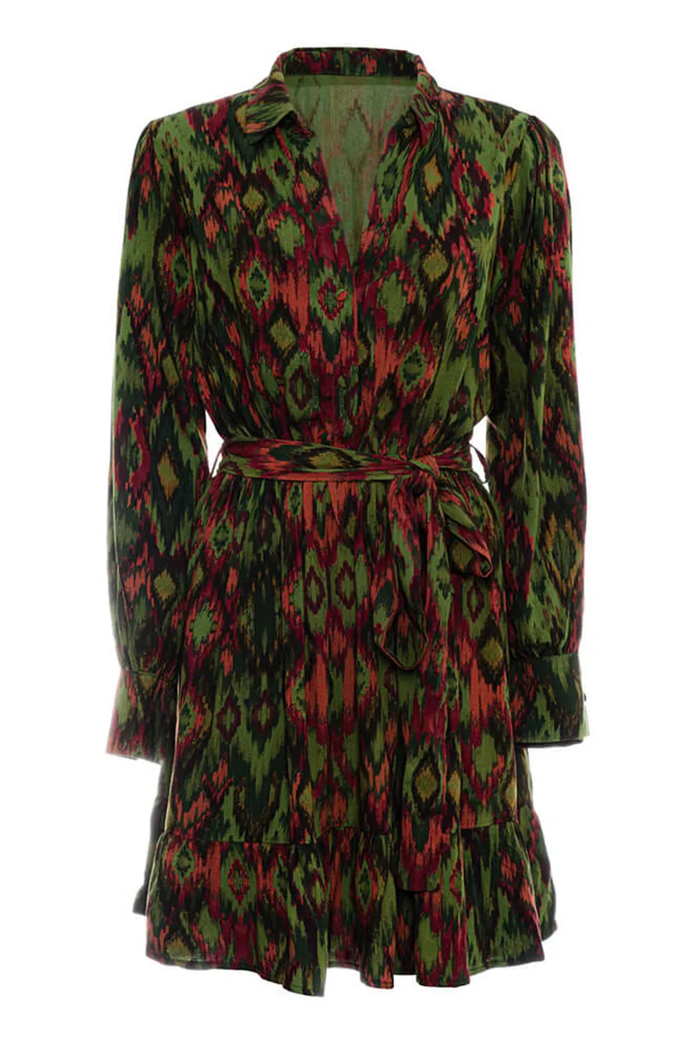 Ikat Fırfırlı Mini Elbise - Haki - 5