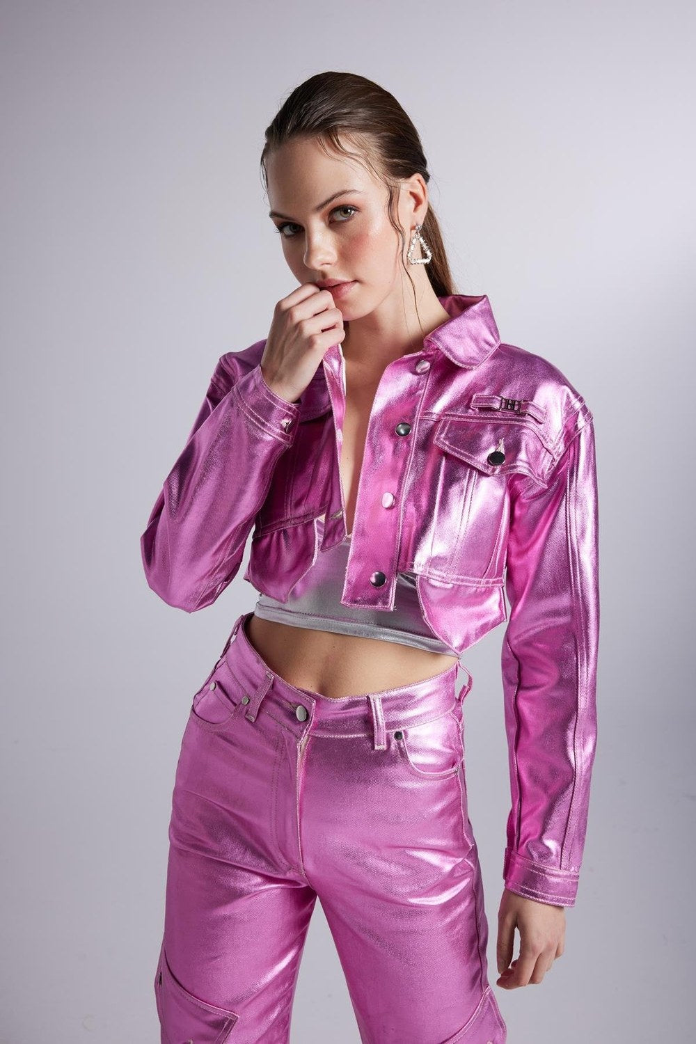 Varak Kaplama Crop Ceket, Pembe - 0