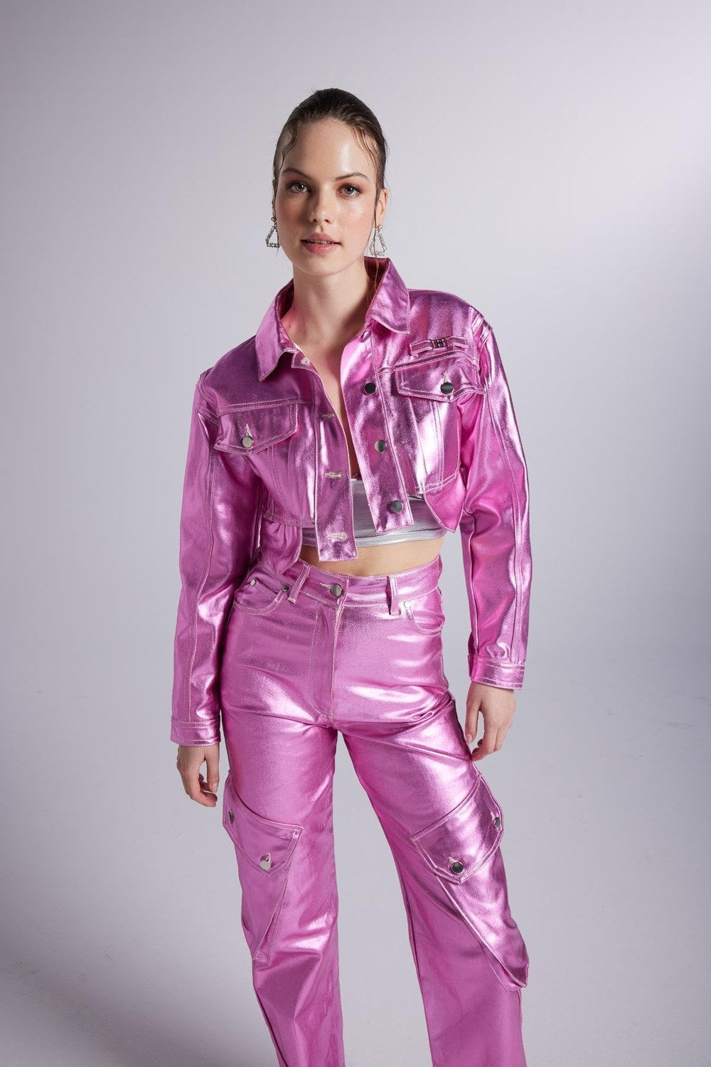 Varak Kaplama Crop Ceket, Pembe - 4