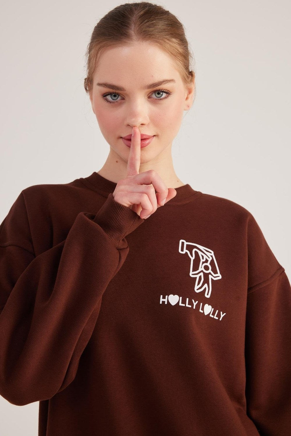 Oversize Kesim Unisex Baskılı Sweatshirt, Kahve - 3