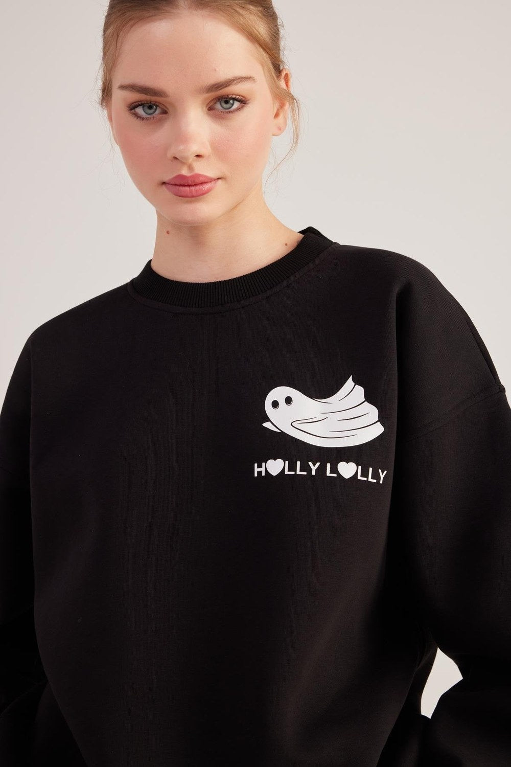 Oversize Kesim Unisex Baskılı Sweatshirt, Siyah - 1